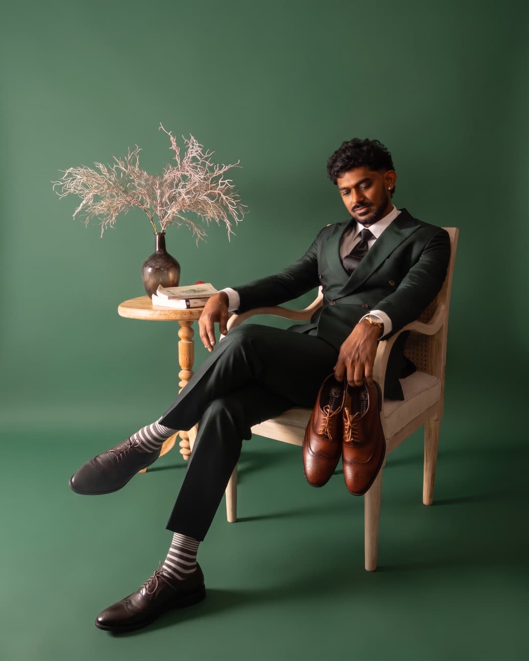 The Jaffna Brogue presented with deep green tailoring