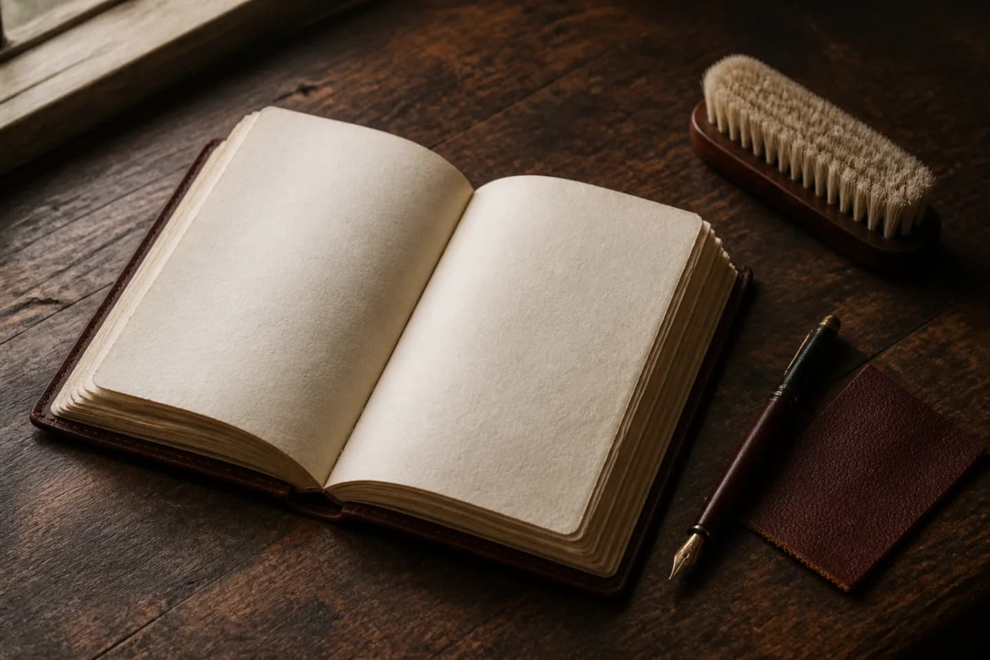An open leather-bound journal, fountain pen and care brush on a timber workbench