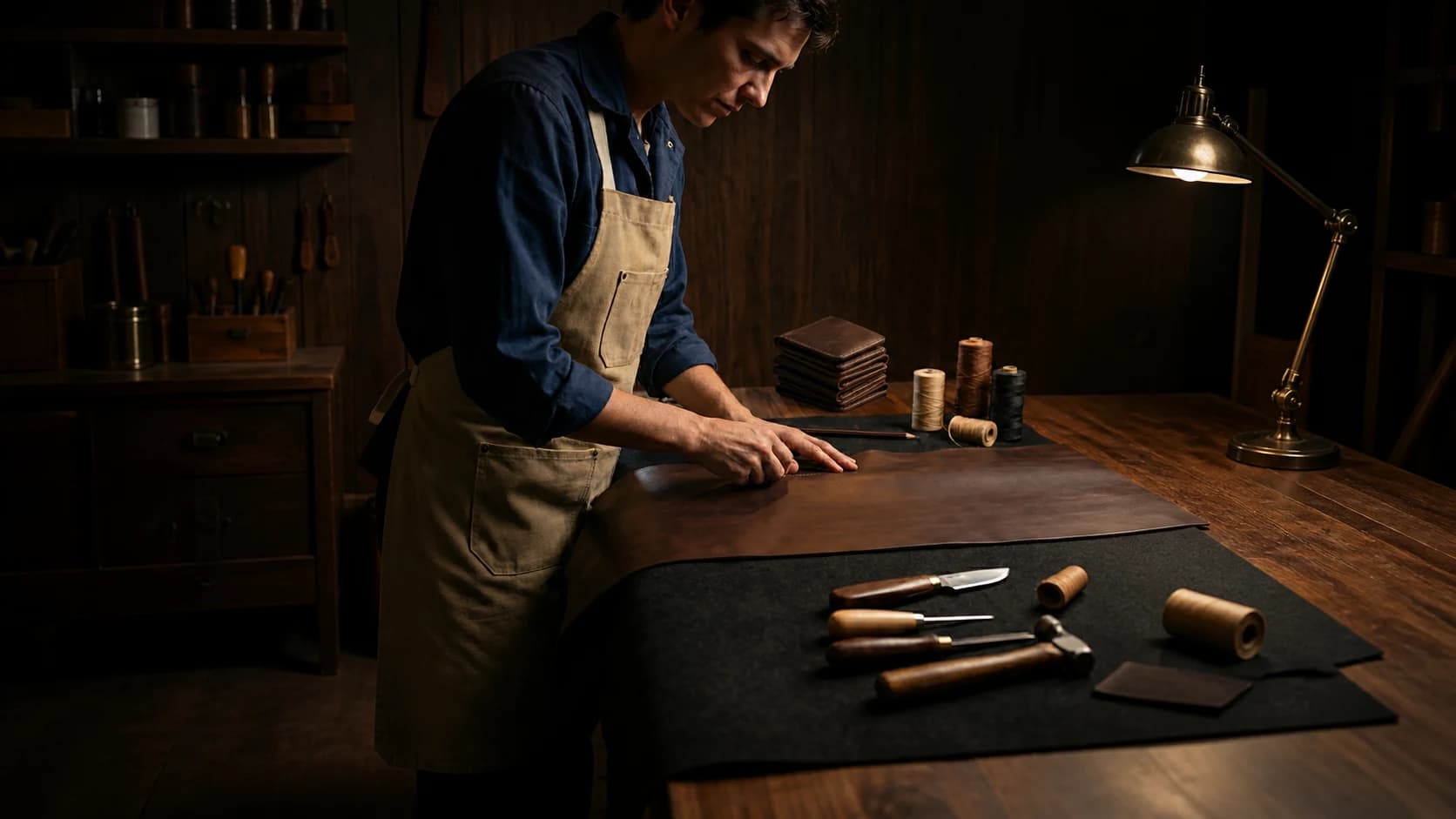 Leather craftsperson cutting a hide at a workshop table