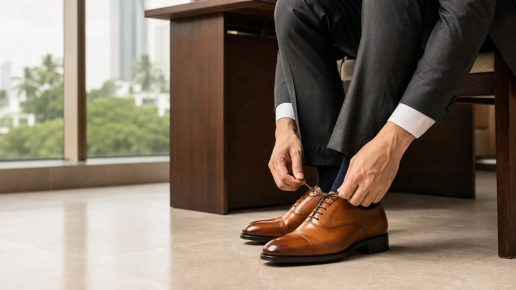 A pair of office shoes arranged with a tailored working wardrobe