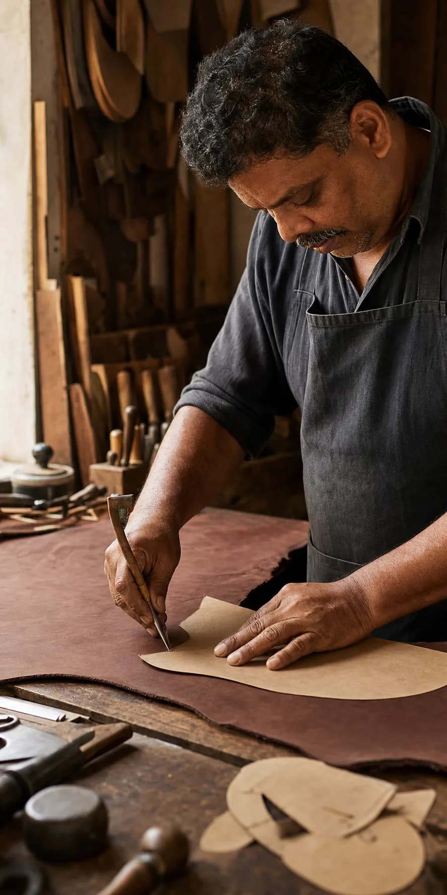 Sri Lankan shoemaker cutting leather patterns in the workshop