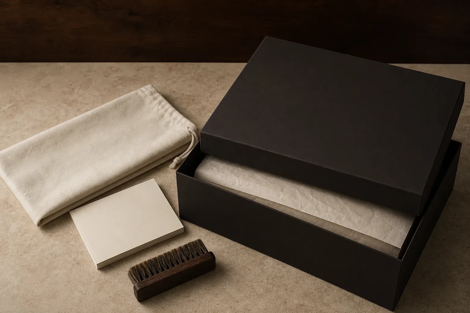 Espresso shoe box, dust bag, care cards and polishing brush